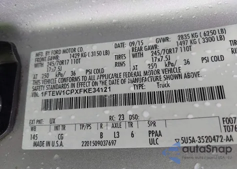 2015 Ford F-150 Xl z USA, uszkodzony, nr VIN 1FTEW1CPXFKE34121